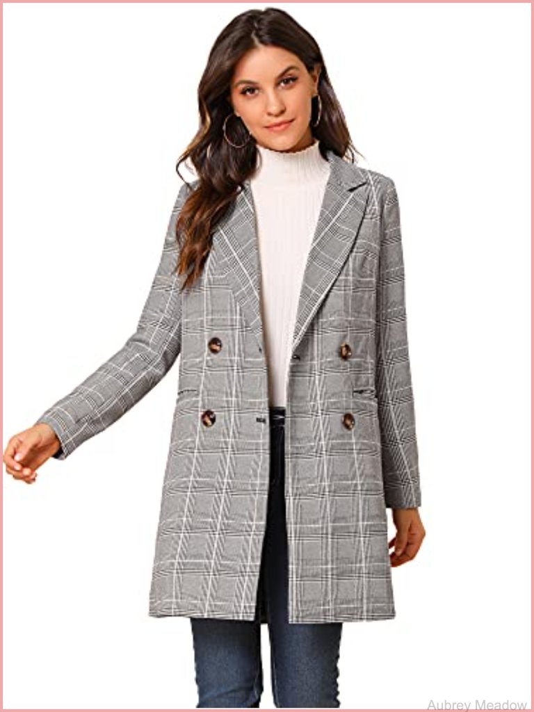 Double Breasted Notched Lapel Plaid Trench Blazer Coat Long Sleeve Fully Lined